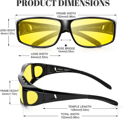 Vista 55 de Night Vision Driving Glasses for Men & Women - Polarized Anti Glare Fit Overs with Wrap-Around HD Yellow Lens