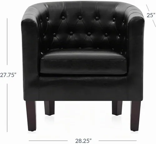 Vista 2 de BELLEZE Sillas de acento negras para sala de estar, elegante silla de brazo tapizada con respaldo capitoné en forma de barril, silla de club