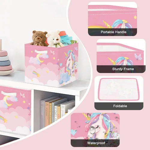 Vista 6 de Clastyle Juego de cestas de almacenamiento plegables de unicornio rosa para niños, organizador de ropa, cuarto de bebé, juguetes para niñas, estante
