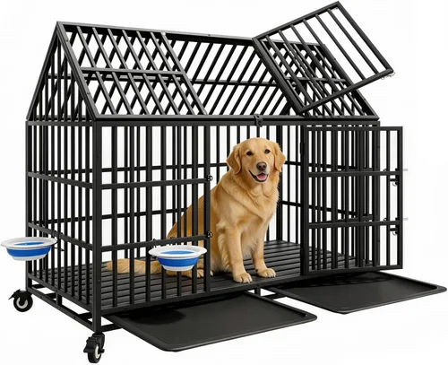 Vista 12 de Jaula para perros indestructible de 44 pulgadas con ruedas, jaula de acero a prueba de escapes para interiores, doble puerta, alta ansiedad