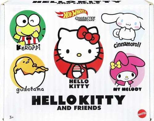 Vista 6 de Hot Wheels Sanrio - Coche de personajes de juguete, paquete de 5 unidades en escala 1:64: Hello Kitty, Keroppi, Gudetama, Cinnamaroll & My Melody
