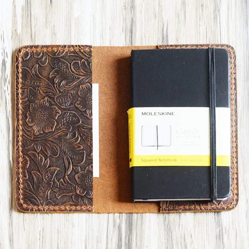 Vista 3 de Genuine Tooled Leather cover for moleskine classic notebook Large size, leather notebook refillable 8x5 moleskine large (5 x 8.25) 305M