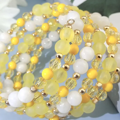 Vista 3 de Coiris Pulsera de cuentas amarillas de múltiples capas, pulsera ajustable para mujer