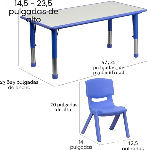 Vista 4 de Conjunto Flash Furniture de mesa resctangular y 6 sillas apilables, de plástico, con 6 sillas apilables para escuela, Acero, Azul