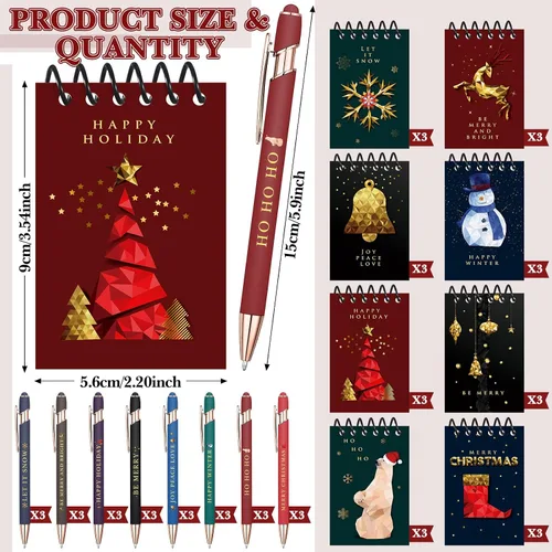 Vista 2 de Qeeenar 48 piezas de recuerdos de fiesta de Navidad, 24 mini bloc de notas en espiral de Navidad y 24 bolígrafos retráctiles de Papá Noel