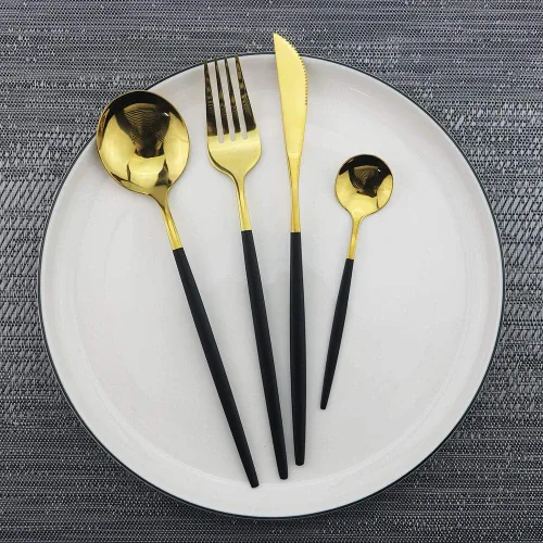 Vista 4 de JASHII Black GoldSilverware - Juego de cubiertos de acero inoxidable de 20 piezas con acabado satinado, utensilios de cocina, cubiertos pulidos