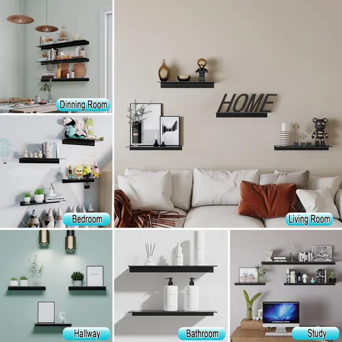 Vista 8 de HNVNER Estantes flotantes de metal, juego de 2, longitud 30CM, estante de pared negro para el baño, estantes de exhibición para la pared decorativos