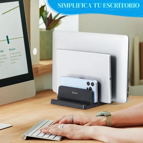 Vista 8 de Ryvlan Soporte vertical para laptop, almacenamiento ajustable de 3 ranuras para laptop con acolchado de goma, soporte múltiple para computadora