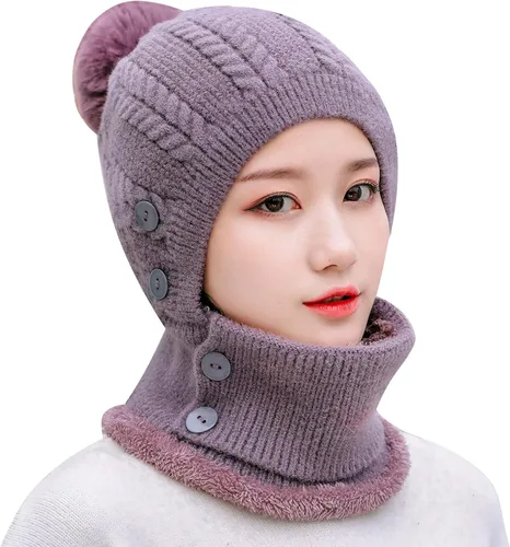 Vista 2 de Gorros de invierno para mujer, de una pieza, con forro polar, de punto, pasamontañas, con cuello de calavera, bufanda circular, sombrero de nieve