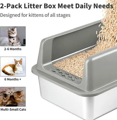 Vista 3 de Kirecoo Paquete de 2 cajas de arena de acero inoxidable con tapa, caja de arena de metal cerrado mediano para gatos, bandeja de arena antifugas
