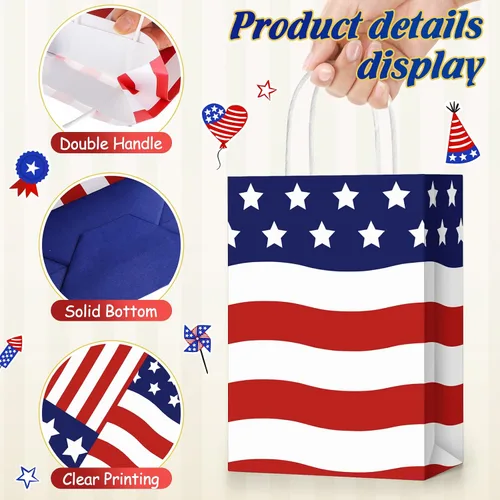 Vista 3 de Tisancy 30 bolsas de regalo patrióticas con asa con 30 piezas de papel de seda rojo, blanco y azul, 4 de julio, bandera estadounidense, bolsas