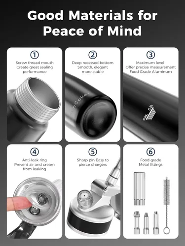 Vista 2 de Dispensador profesional de crema batida de aluminio de 16.9 fl oz / 1 pinta, batidor de crema a prueba de fugas con 3 puntas de decoración, probado