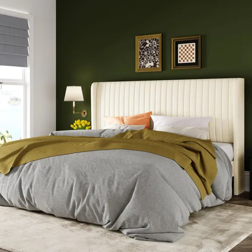 Vista 18 de Allewie - Base de cama tamaño Full con cabecera tapizada en terciopelo y diseño acanalado vertical; plataforma de cama tapizada; listones de madera