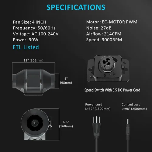 Vista 3 de Toolazy Ventilador de conducto en línea de 4 pulgadas, 214 CFM, ventilador de escape con controlador de velocidad variable del 0 al 100%, motor EC