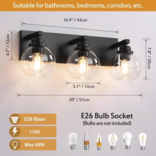 Vista 4 de LmnLvn Lámparas de baño, 3 luces de tocador de color negro mate, modernas lámparas de baño sobre espejo, luces de tocador de granja con pantalla