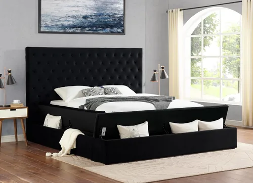Vista 4 de Yumi - Cama de plataforma tapizada de terciopelo de perfil bajo, color negro, tamaño Queen