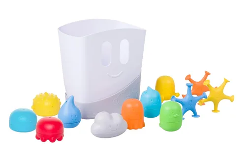 Vista 8 de Ubbi Set de regalo esencial para el tiempo del baño del bebé, recipiente de juguete de baño con drenaje de pie, apto para lavavajillas, blanco