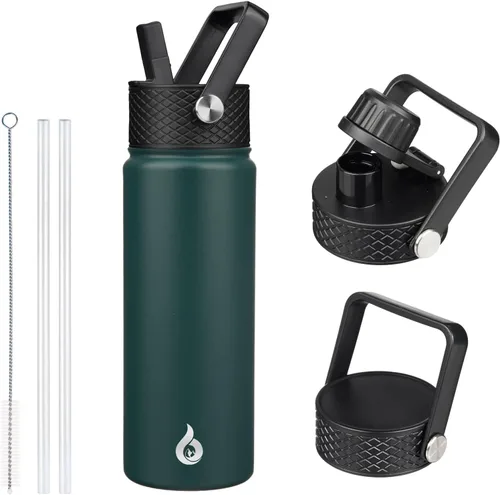 Vista 47 de BJPKPK Botellas de Agua Aisladas con Tapa de Pajita, Botella de Agua de Acero Inoxidable de 18oz, Termo Frío Caliente con 3 Tapas, Vaso de Viaje a