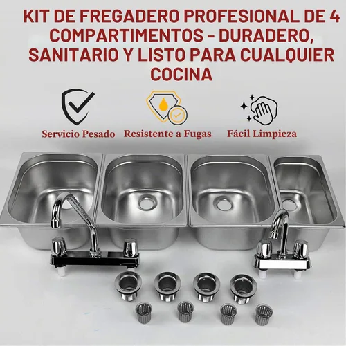 Vista 6 de 3 grandes + 1 pequeño lavado a mano, fregadero de acero inoxidable con 4 compartimentos