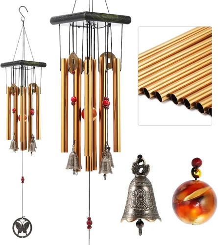 Vista 12 de Tradicional Chino Retro 10 Tubos 5 Campanas de Bronce para Patio Jardín Exterior Vida al Aire Libre Campanillas de Viento 85cm (MT-626)
