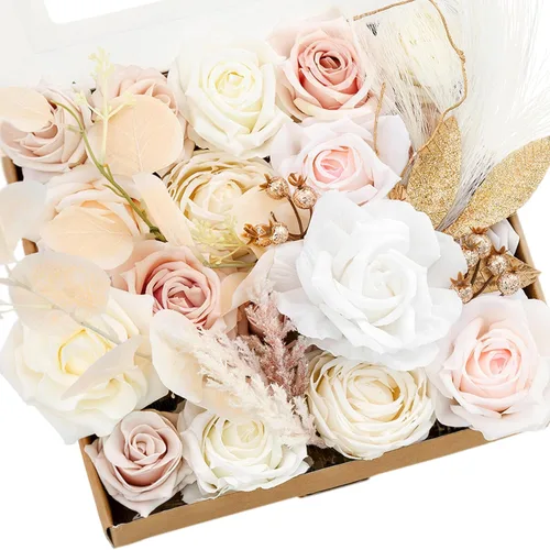 Vista 40 de Ling's moment Caja de flores artificiales, tallos de follaje artificial falso, rosas de espuma, dalia de seda, hierba de pampas, flor de tela