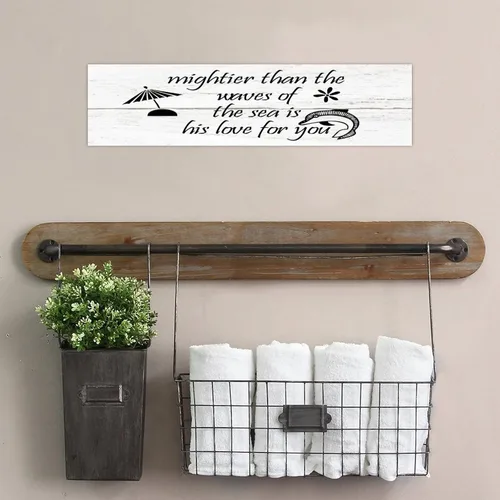 Vista 2 de Letrero de madera retro con texto en inglés "Mightier Than The Waves of The Sea Is His Love for You", 4 x 16 pulgadas, arte decorativo de pared