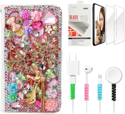 Vista 12 de Bling - Funda de piel con tapa para iPod Touch 5ª, 6ª y 7ª - Elegante - Diseño de flores en 3D - Funda de piel con protector de pantalla y protector