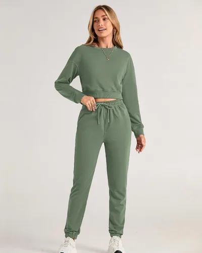 Vista 46 de BTFBM Conjunto deportivo de 2 piezas para mujer, camiseta corta de manga larga, sin botones, pantalón con cordón ajustable, pantalones deportivos