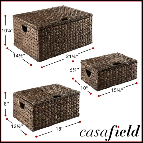 Vista 7 de Casafield Juego de 3 canastas de almacenamiento rectangulares de jacinto de agua con tapas (Espresso - Pequeña/Mediana/Grande) para dormitorio