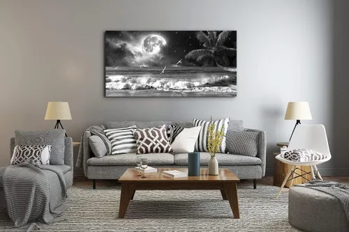 Vista 3 de Yxbhhym Arte de Pared Grande en Blanco y Negro de Playa Impresión en Lienzo Arte de Luna Océano Cuadros Pinturas del Mar Póster de Paisaje Marino