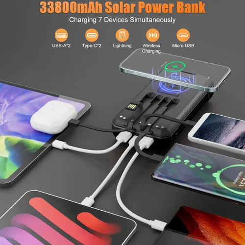 Vista 2 de Cargador portátil inalámbrico de 33800 mAh con 4 cables integrados, batería de carga rápida con 7 salidas, 4 entradas, linterna LED de campamento