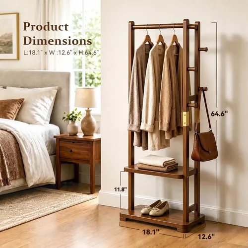 Vista 2 de Taitiy Perchero de Madera Maciza Perchero para Abrigos con 2 Estantes y 4 Ganchos para Colgar Ropa, Prendas, Carteras, Sombreros, Perchero de Ropa