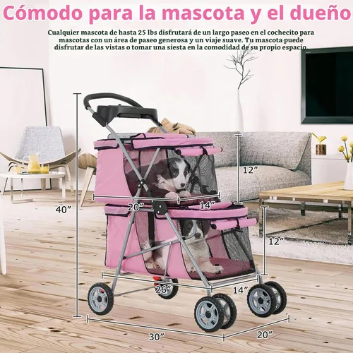 Vista 6 de Cochecito de perro de doble capa para 2 perros pequeños/gatos, 4 ruedas para mascotas con forro extraíble, cesta de almacenamiento, rotura de rueda
