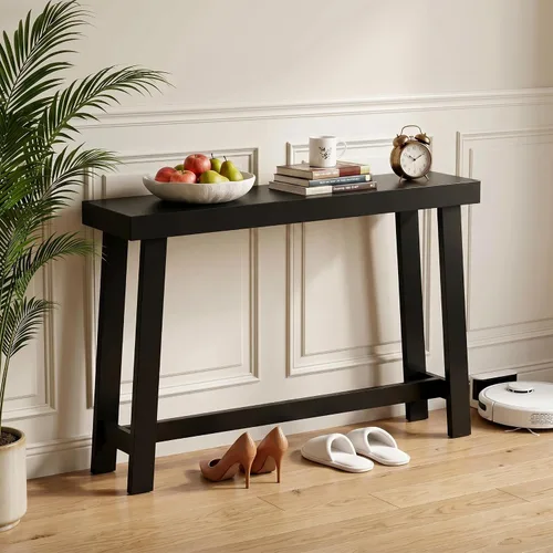 Vista 6 de Mesa de consola estrecha de bambú de 47.2" (120 cm), mesa auxiliar de madera estilo granja, mesa rectangular de entrada, mesa de sofá moderna detrás