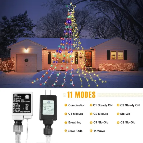 Vista 6 de DANLI Guirnalda de luces de estrella para decoración de Navidad al aire libre, 320 luces LED de 16.4 pies, luces de árbol de cascada con estrella