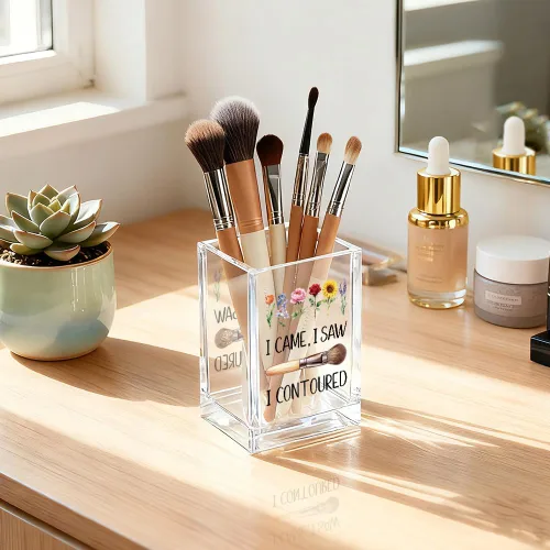 Vista 5 de I Came I Saw I - Soporte para cosméticos de acrílico contorneado, divertido soporte para brochas de maquillaje floral, regalos para cosmetólogas