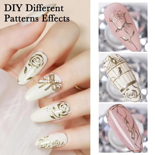Vista 4 de Esmalte de uñas de gel de pintura metálica dorada de 0.3 fl oz, esmalte de uñas de gel metálico espejo 3D, flores/líneas de dibujo de gel metálico