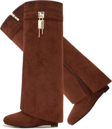 Vista 12 de Botas plegables puntiagudas con tacón de cuña para mujer, botas hasta la rodilla con diseño de candado y cremallera lateral Beige
