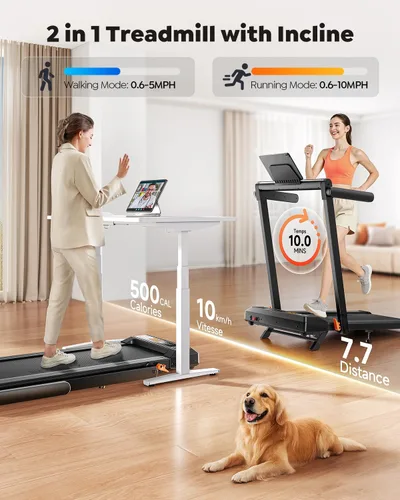 Vista 3 de Acezoe Caminadora plegable con inclinación del 10%, almohadilla para caminar de 2.5 HP con barra de mango, cintas de correr de capacidad de 300