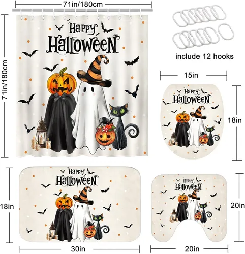 Vista 3 de Mocsicka Juego de cortinas de ducha de Halloween para baño, 4 piezas, fantasma, gato, calabaza, juegos de baño con alfombras antideslizantes