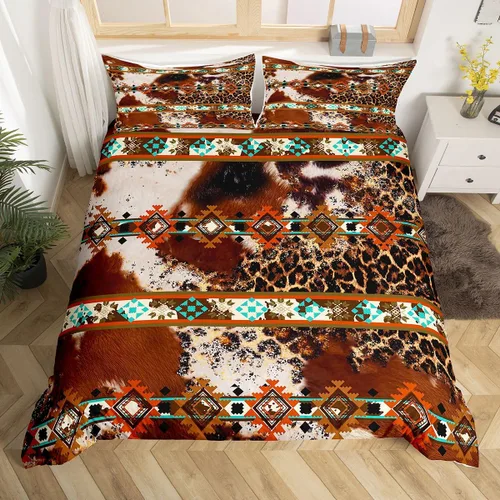 Vista 20 de Erosebridal Funda de edredón de piel de vaca marrón con estampado de vaca de las tierras altas, juego de ropa de cama occidental exótico azteca
