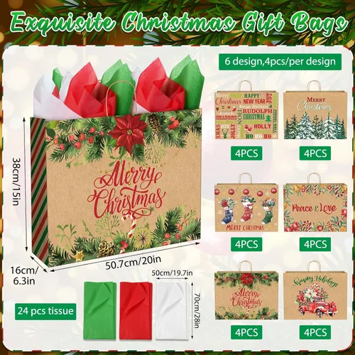 Vista 2 de Zachely 24 bolsas de regalo de Navidad extra grandes con 24 papel de seda, bolsas de papel kraft jumbo a granel para regalos, 6 estilos de bolsas
