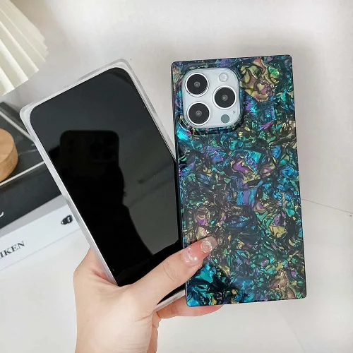 Vista 5 de Elegante Funda con Concha de Madre Perla para Niña Compatible con iPhone 14 de 6.1 Pulgadas, Funda Rectángulo con Borde, Elegante y delgada