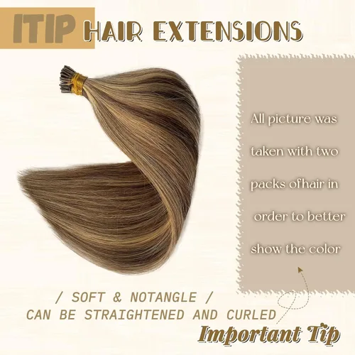 Vista 2 de Extensiones de cabello humano con punta en I para mujeres, reflejos marrones medios con punta en I rubio, extensiones de cabello humano de queratina