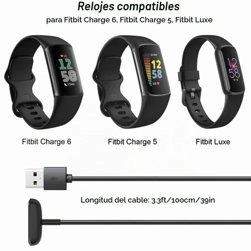 Vista 2 de Cargador para Fitbit Charge 6/5, Fitbit Luxe, cable de carga USB de repuesto para rastreadores de fitness [2 unidades, 3.3 ft/3.3 pies]