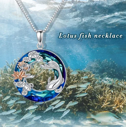 Vista 2 de YOSOPRETTY Lotus Necklace 925 Sterling Silver Lotus FlowerLotus Fish Crystal Pendant Necklace Moonstone Jewelry Gifts for Women Girls