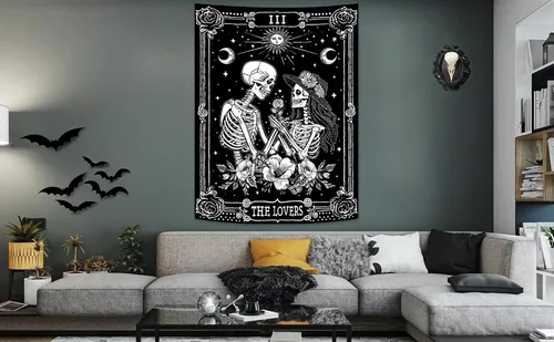 Vista 7 de Kanuyee Tapiz de Esqueleto de los Amantes Tapiz Gótico para Dormitorio Tapices de Cartas del Tarot Góticas para Colgar en la Pared Decoración El