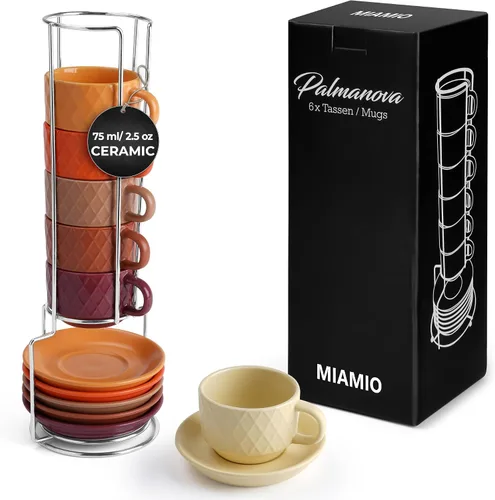 Vista 10 de MIAMIO - 6 tazas de café expreso de gres de 2.5 onzas, juego moderno de tazas con soporte y platillos - Colección Palmanova (negro)