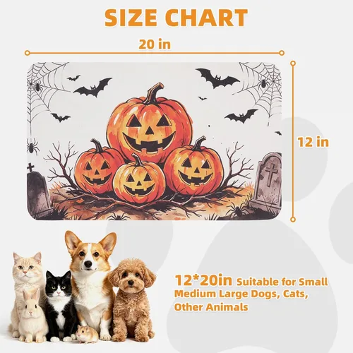 Vista 7 de KOOLTAIL Tapete de comida para perros de Halloween, tapete absorbente para alimentación de mascotas para cuencos de comida y agua, almohadilla
