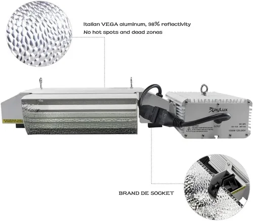 Vista 4 de Raylux - Kit de sistema de luz de crecimiento con puerto controlador, 1000 W DE doble extremo HID, reflector de estilo abierto con balasto digital